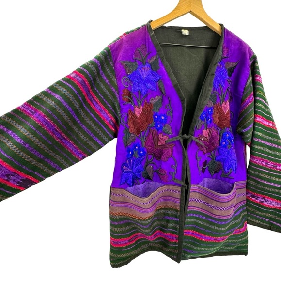 Vintage 70s Baja Jacket Embroidered Guatamalan Coat Colorful Floral Stripes | XL - Picture 4 of 14